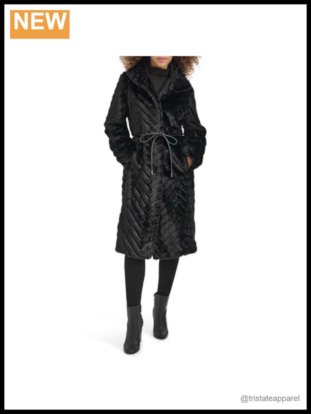 Womens Faux Fur Belted Coat Stand Collar Grooved Texture Long Overcoat